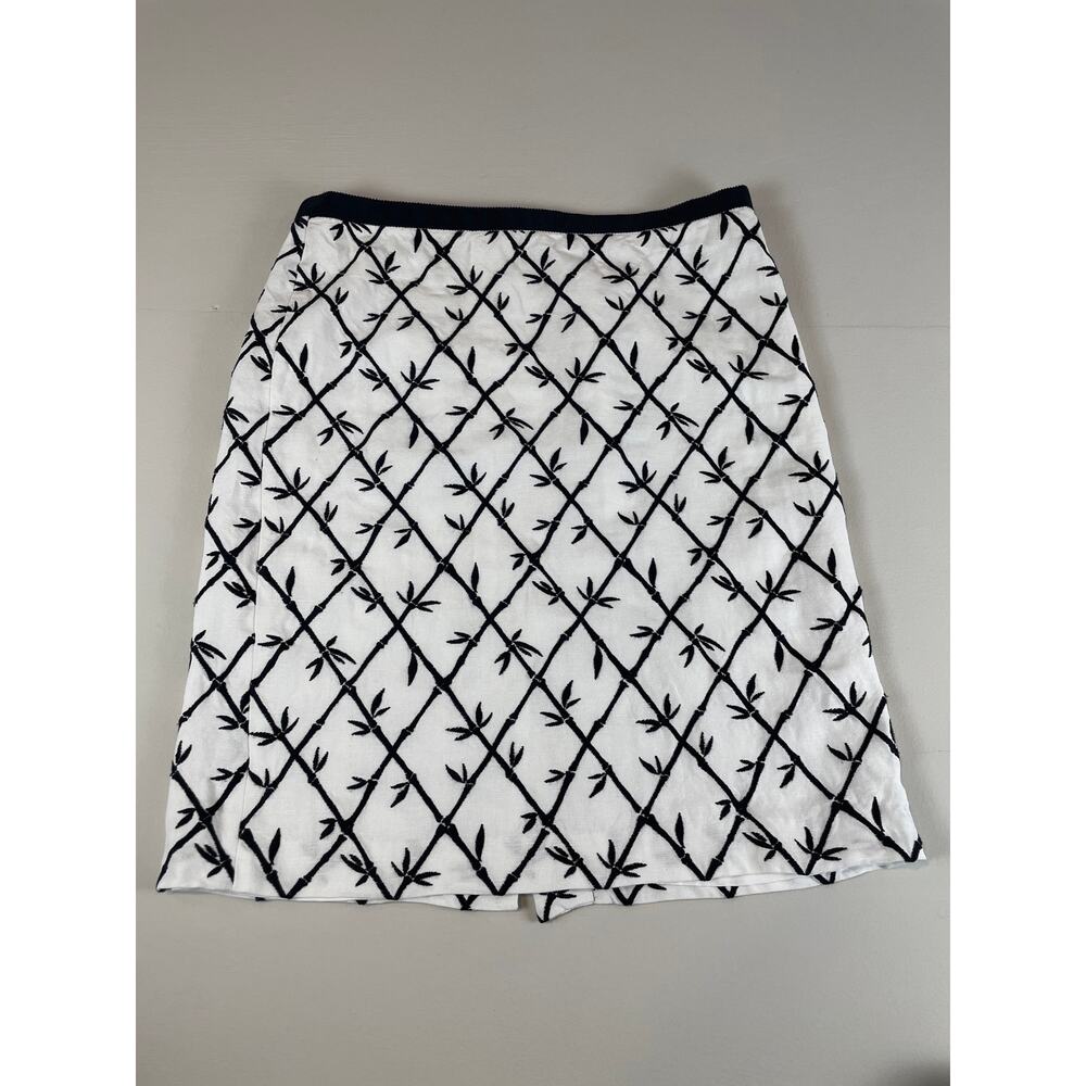 Talbots White Linen Cotton Pencil Skirt Sz 10 Black Embroidery Trim Fully Lined